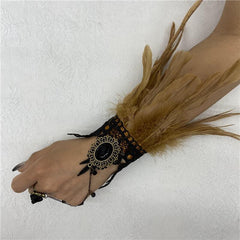 Vintage Lace Feather Cuff Gothic Mesh Gloves Crystal Wrist Cuffs