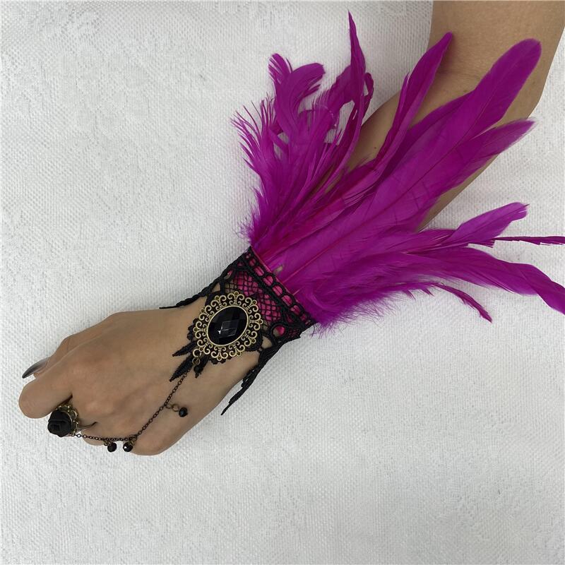 Vintage Lace Feather Cuff Gothic Mesh Gloves Crystal Wrist Cuffs