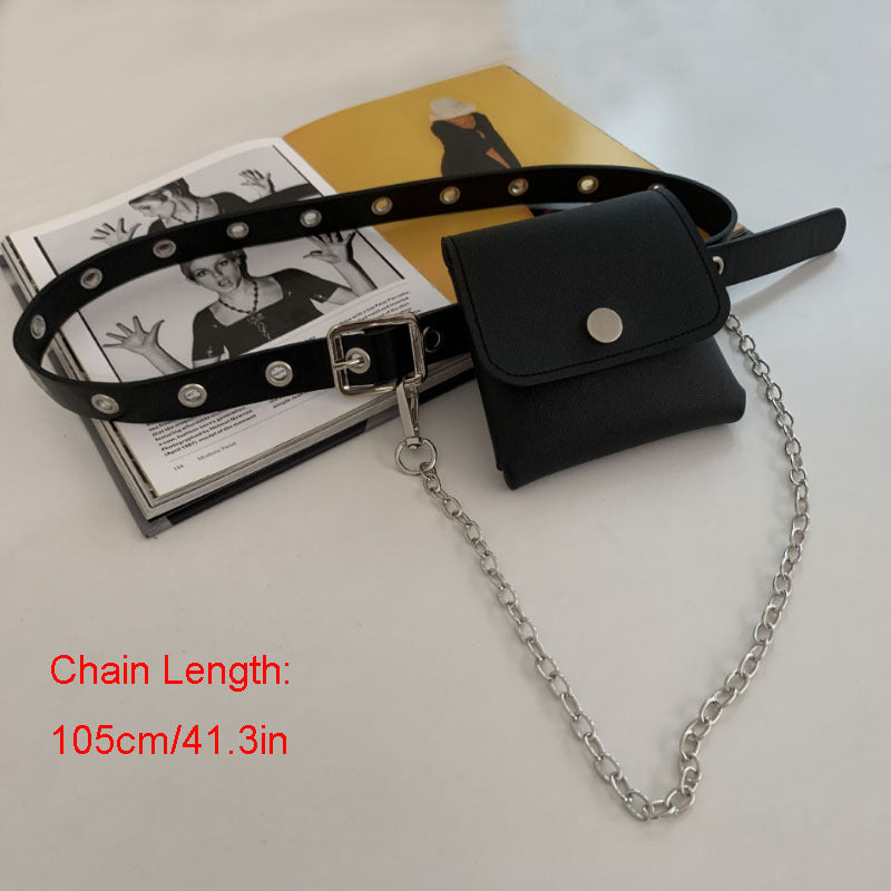 Eyelet Pin Buckle Belt With Waist Bag Detachable Purse Chain Girdle