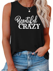  Casual Tank Top Women's Plus Slogan Print Round Neck Stretch Tank Top