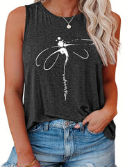 Dragonfly Print Round Neck Plus Size Tank Top