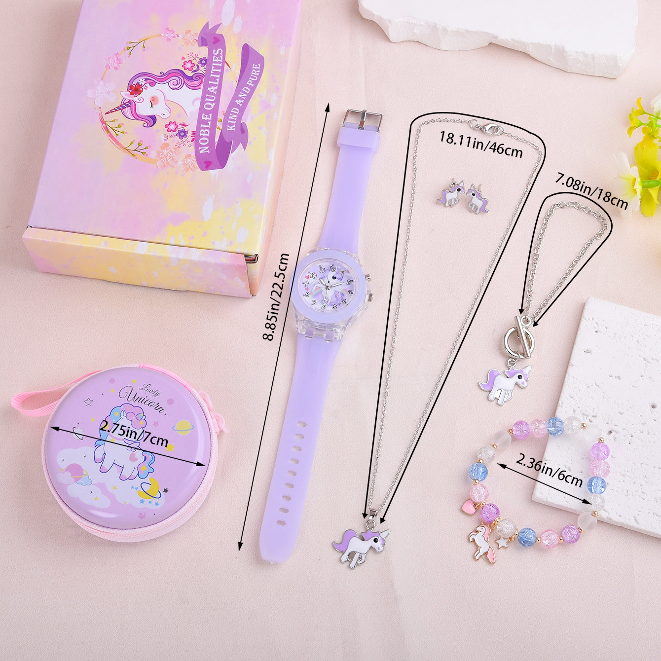 6pcs Unicorn LED Watch Necklace Bracelet Earrings Set