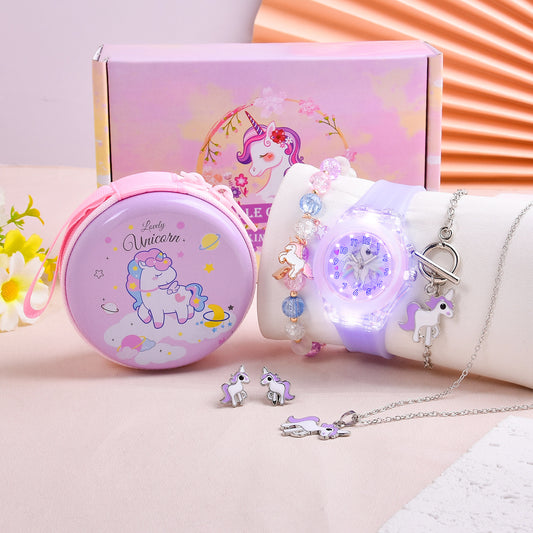 6pcs Unicorn LED Watch Necklace Bracelet Earrings Set