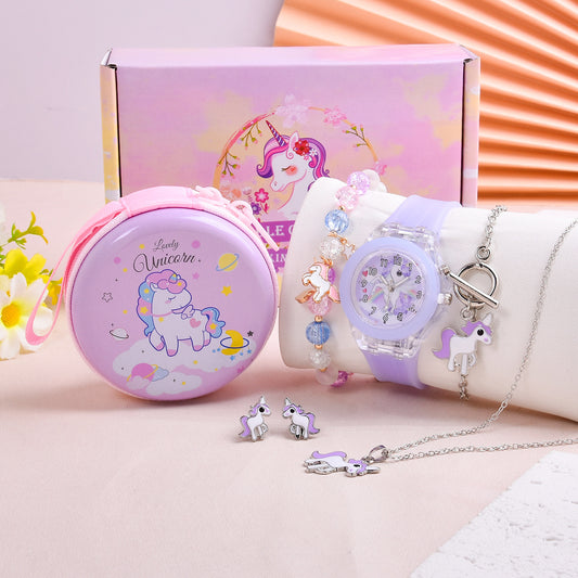 6pcs Unicorn LED Watch Necklace Bracelet Earrings Set