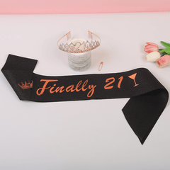 21st Birthday Crown & Sash Set - Rhinestone Tiara & Glitter Lettered Ribbon