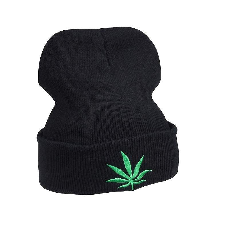 Plant Embroidery Rolled Edge Beanie Hat Solid Outdoor Hip Hop Thermal Warm Knit