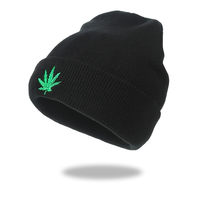 Plant Embroidery Rolled Edge Beanie Hat Solid Outdoor Hip Hop Thermal Warm Knit