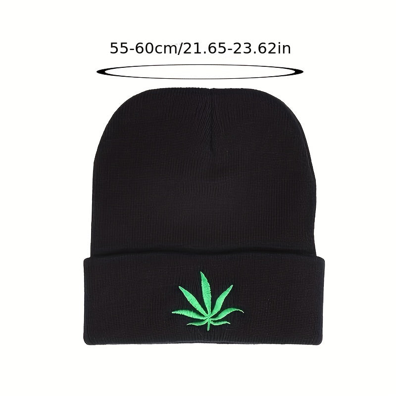 Plant Embroidery Rolled Edge Beanie Hat Solid Outdoor Hip Hop Thermal Warm Knit