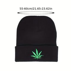 Plant Embroidery Rolled Edge Beanie Hat Solid Outdoor Hip Hop Thermal Warm Knit