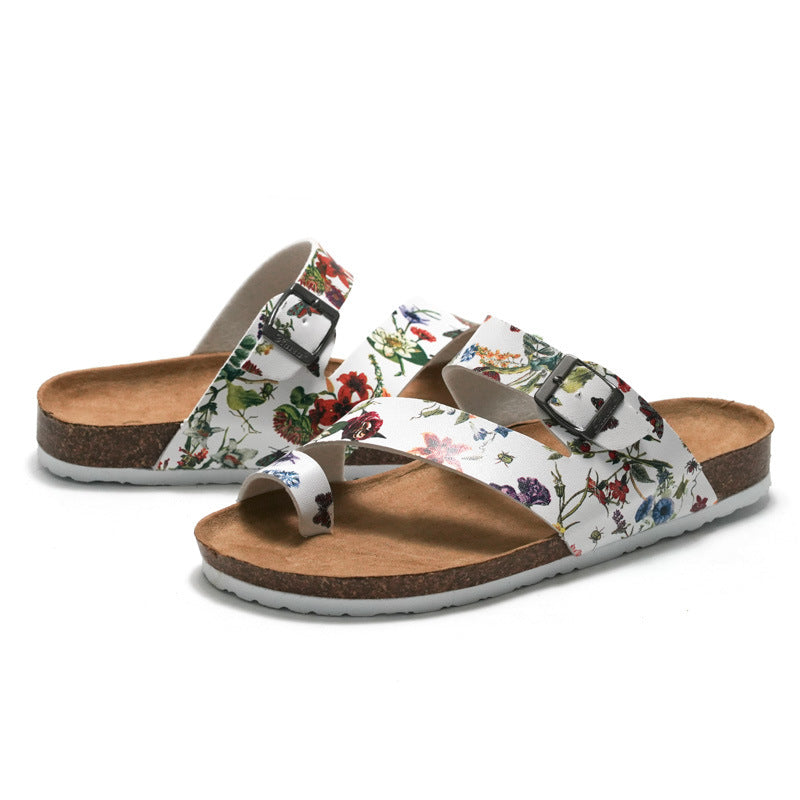 Women's Floral Flat Sandals Toe loop Adjustable Buckle