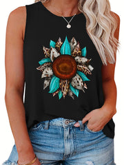  Leopard Sunflower Print Round Neck Tank Top