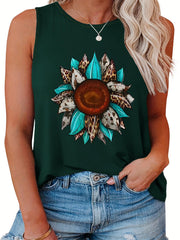  Leopard Sunflower Print Round Neck Tank Top