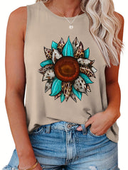 Leopard Sunflower Print Round Neck Tank Top