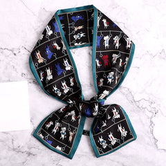 Cartoon Cat Print Skinny Scarf Long Ribbon Neckerchief for Women