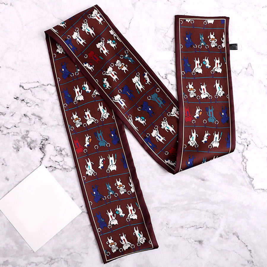Cartoon Cat Print Skinny Scarf Long Ribbon Neckerchief for Women
