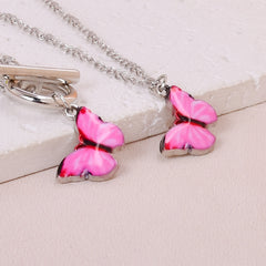 3pcs Pink Butterfly Quartz Watch Set Girls Butterfly Bracelet Necklace