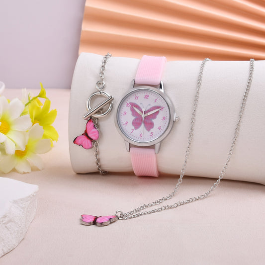 3pcs Pink Butterfly Quartz Watch Set Girls Butterfly Bracelet Necklace