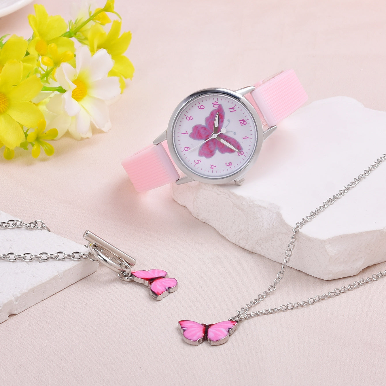 3pcs Pink Butterfly Quartz Watch Set Girls Butterfly Bracelet Necklace