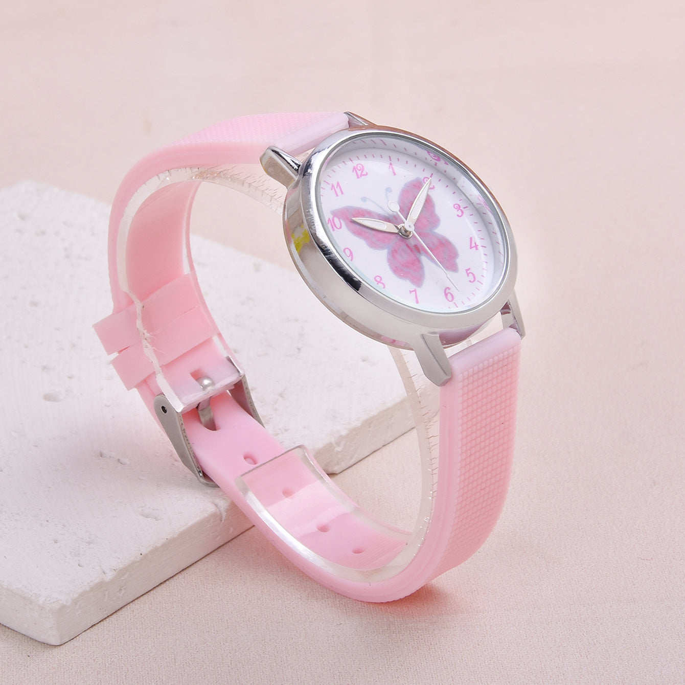 3pcs Pink Butterfly Quartz Watch Set Girls Butterfly Bracelet Necklace