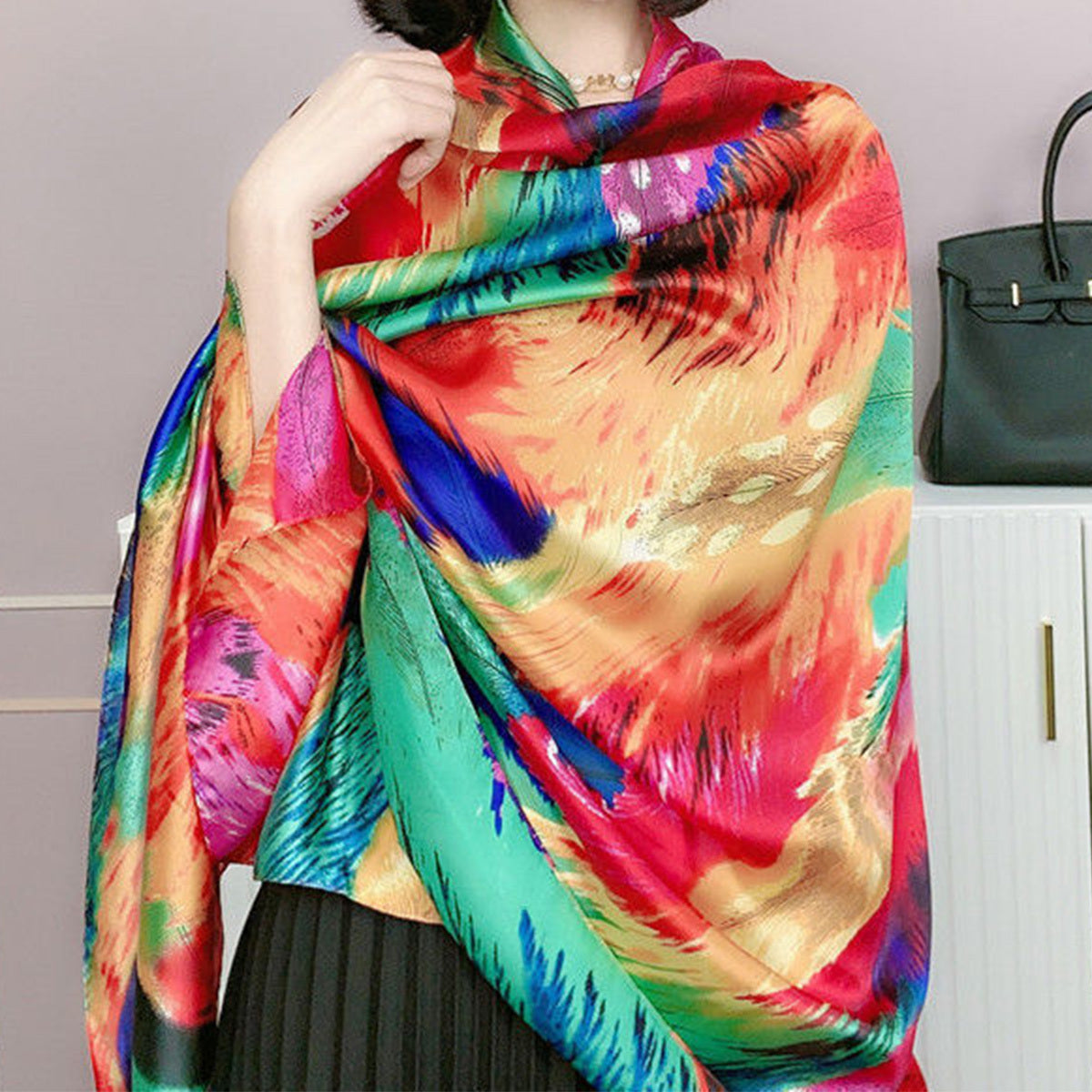 Colorful Tie Dye Print Scarf Classic Silk Shawl Satin Head Wraps