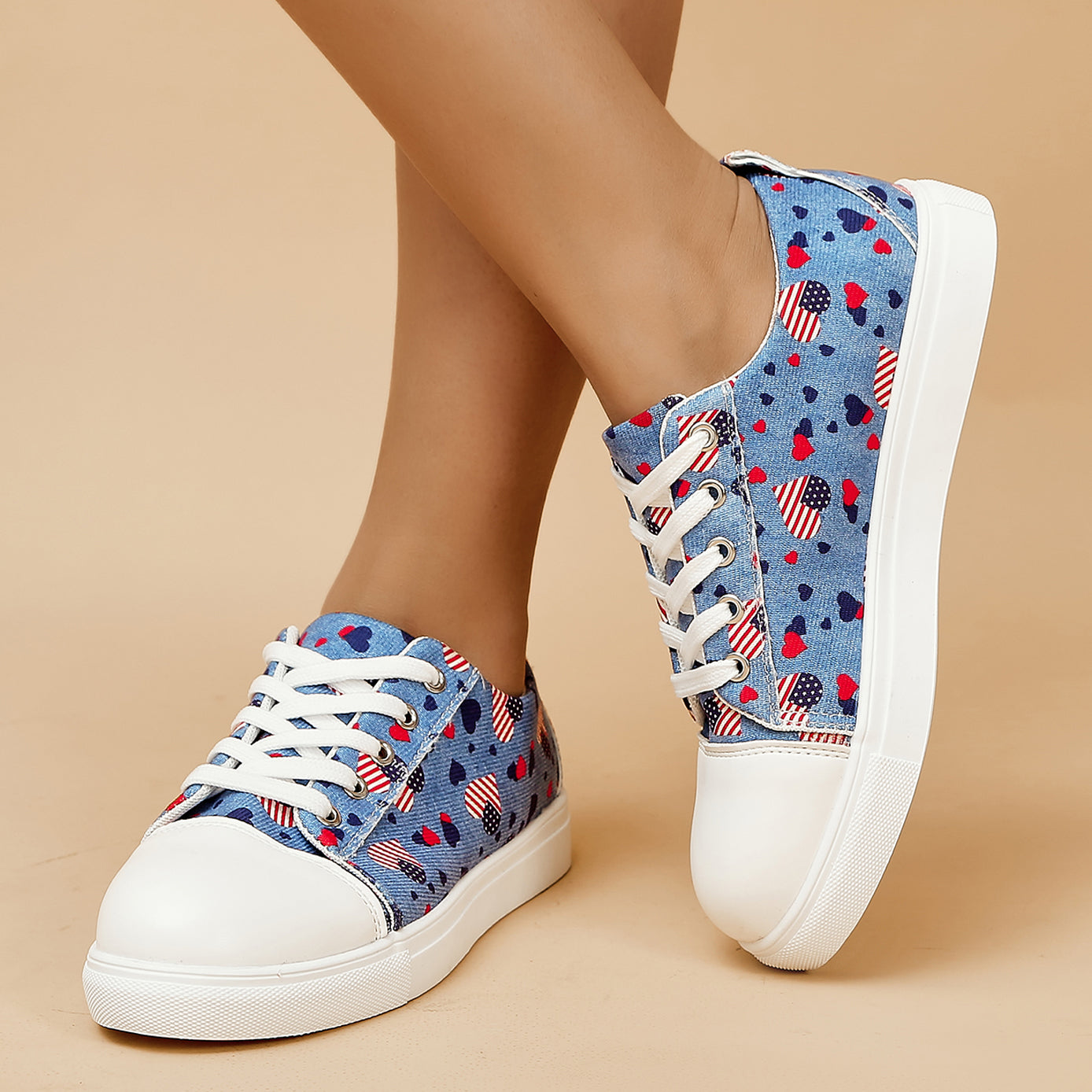 Heart Flag Canvas Shoes Women's Casual Lace Up Sneakers Lightweight
