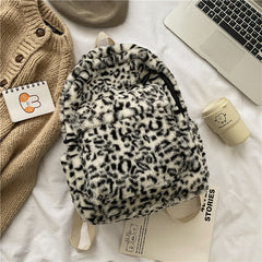 Leopard Pattern Plush Zipper Backpack Women's Daypack