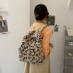 Leopard Pattern Plush Zipper Backpack Women's Daypack