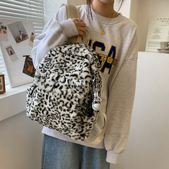 Leopard Pattern Plush Zipper Backpack Women's Daypack