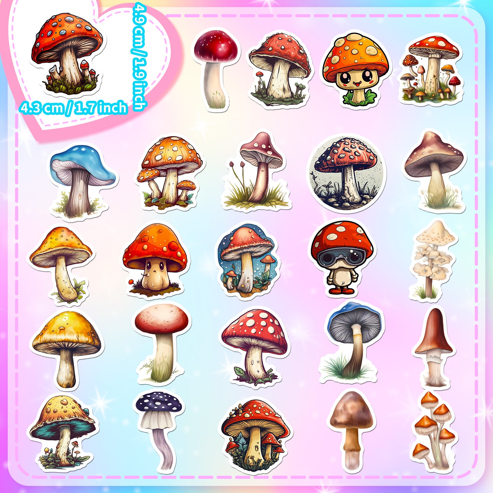 50pcs Mushroom Waterproof Stickers for Car Laptop Phone DIY