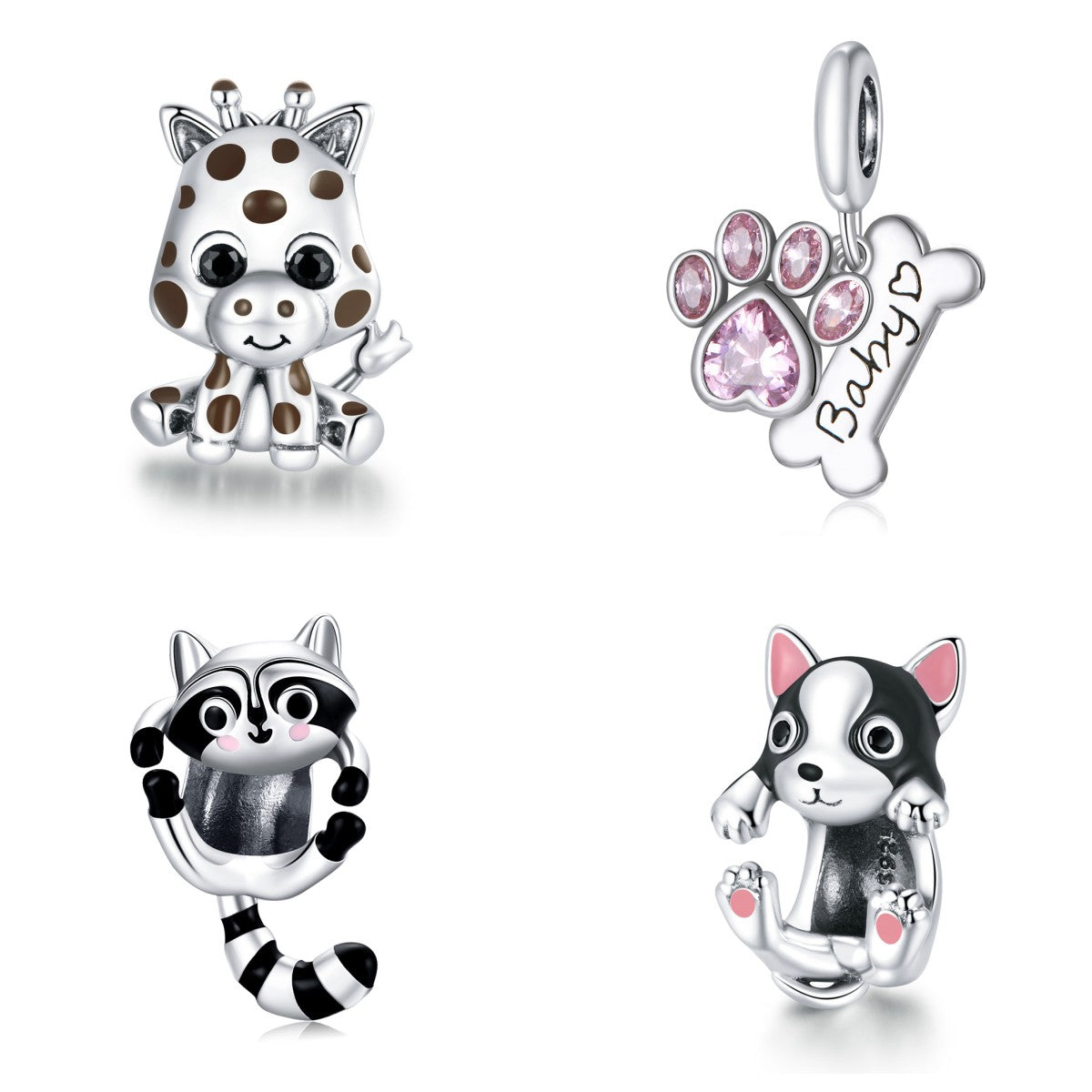 S925 Sterling Silver Animal Giraffe Raccoon Dog Bone Beads