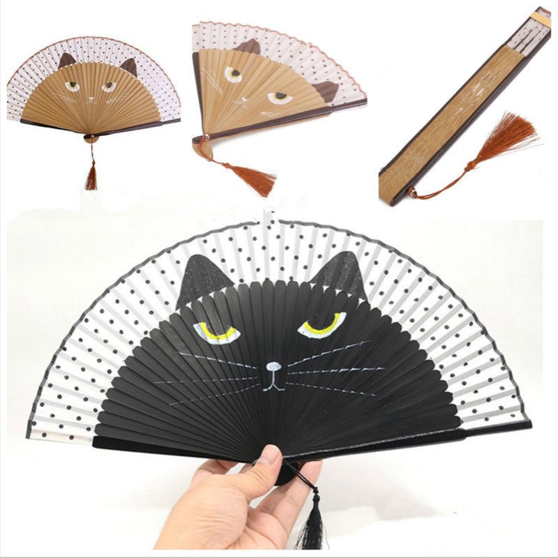 Cat Pattern Folding Fan Portable Handheld Cartoon Retro Bamboo Fan