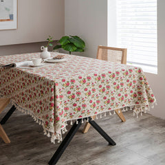 Beige Linen Tablecloth with Tassel, European Pastoral Small Floral Pattern