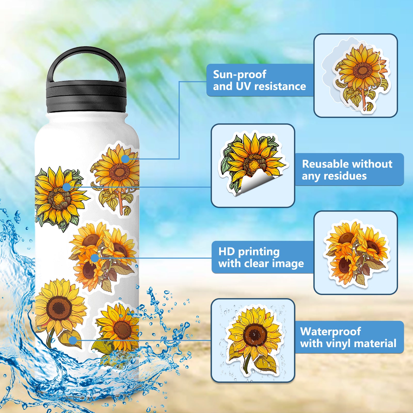 50pcs Sunflower Waterproof Stickers for Car Laptop Phone Luggage Water Bottle