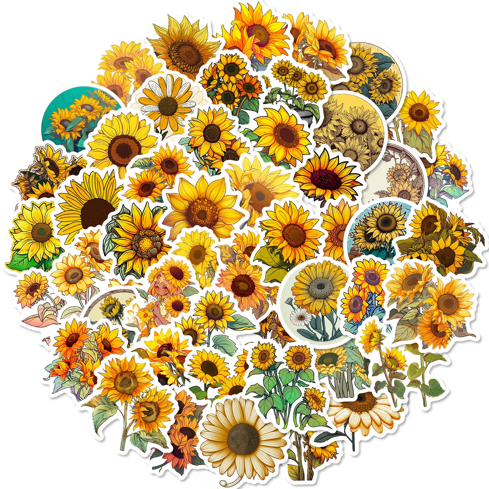 50pcs Sunflower Waterproof Stickers for Car Laptop Phone Luggage Water Bottle