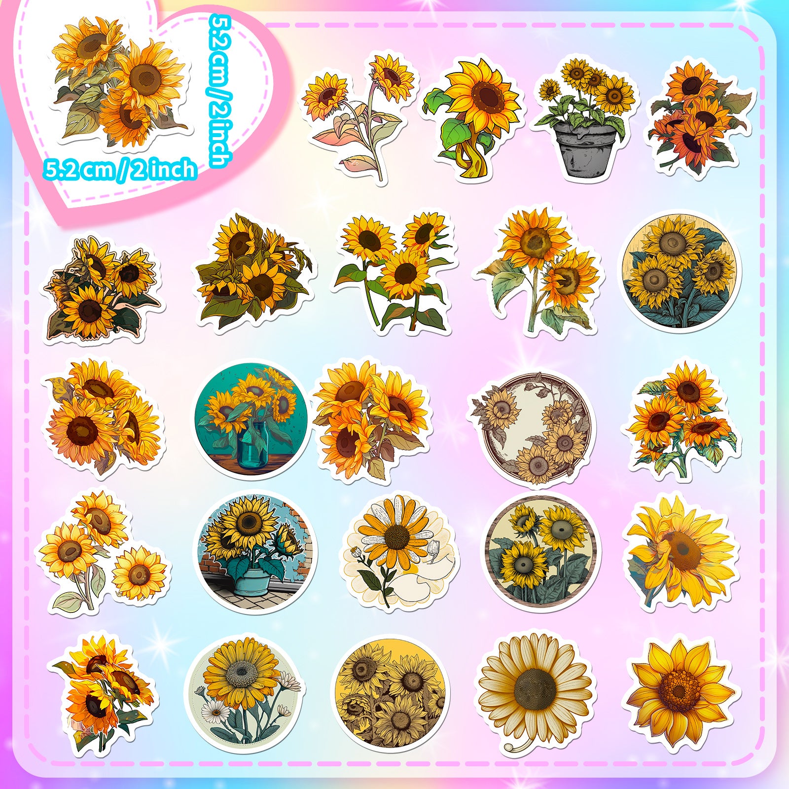 50pcs Sunflower Waterproof Stickers for Car Laptop Phone Luggage Water Bottle