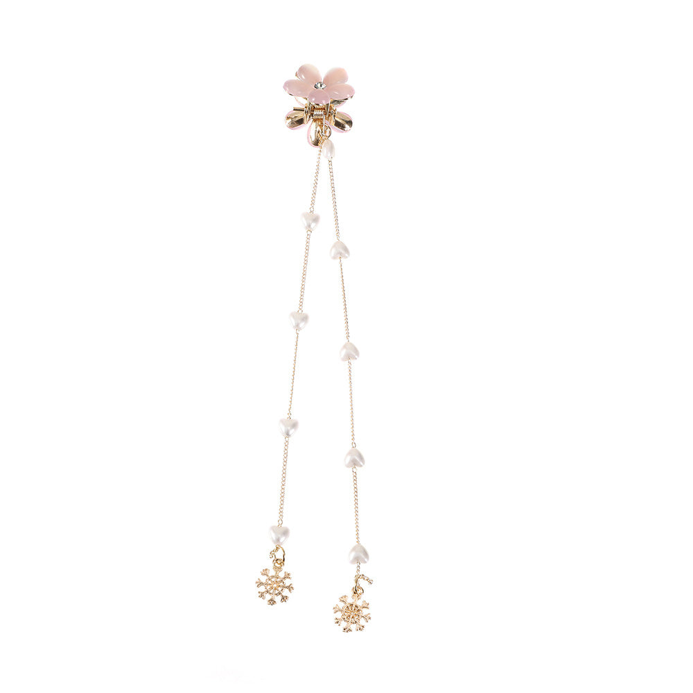 Sweet Jelly Flower Hair Clip With Chain Faux Pearl Tassel Hair Claw