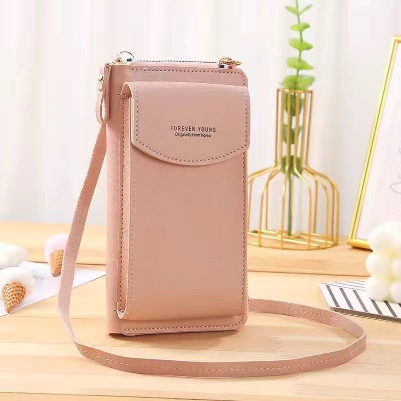 Solid Long Wallet Phone Storage Crossbody Bag Faux Leather Purse