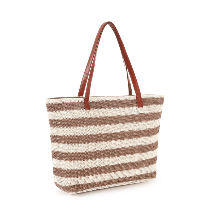 Stripes Pattern Straw Bag Boho Style Woven Beach Bag Tote Bag