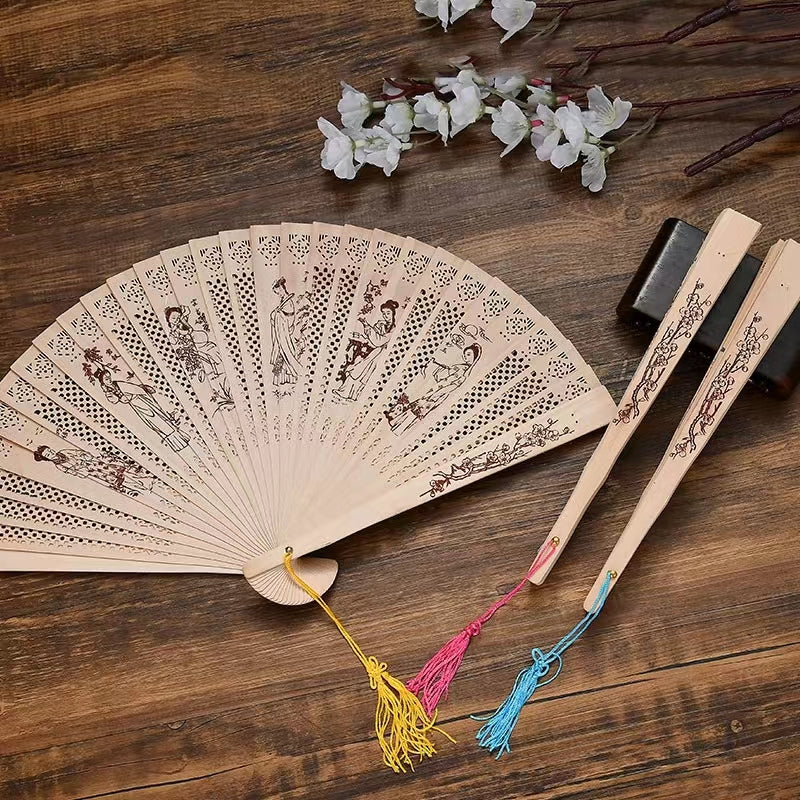 Chinese Style Hollow Wooden Fan Ancient Style Painted Folding Fan