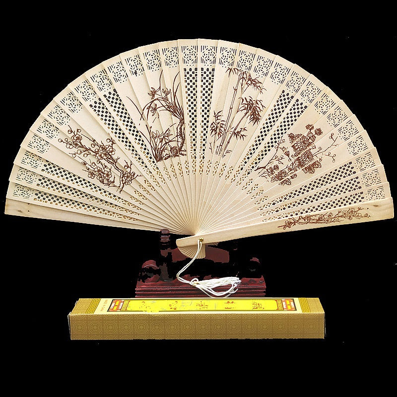 Chinese Style Hollow Wooden Fan Ancient Style Painted Folding Fan