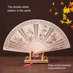 Chinese Style Hollow Wooden Fan Ancient Style Painted Folding Fan