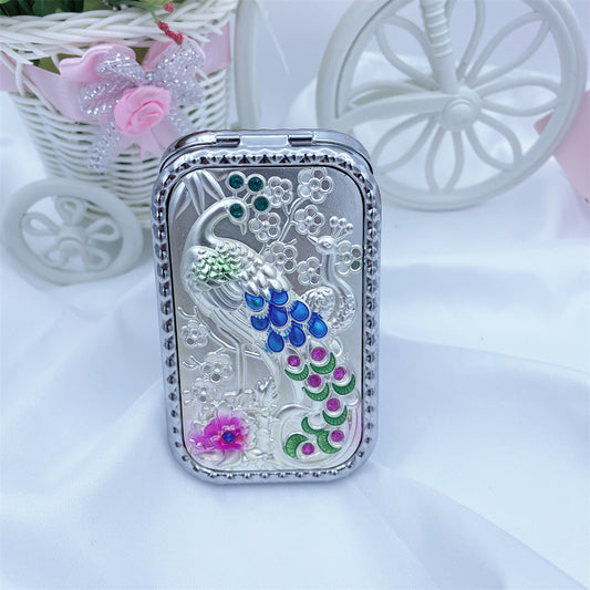 Vintage Peacock Vanity Mirror Compact Magnifying Glass Rhinestones Metal