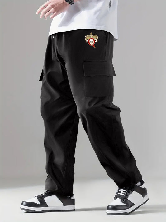 Pattern & Letter Print Solid Flap Pocket Men's Cargo Pants
