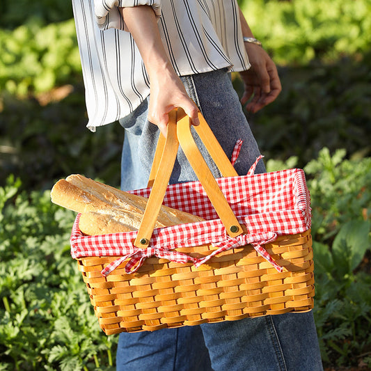 Willow Picnic Basket with Red Checkered Blanket Lining