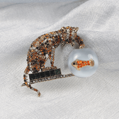 Large Rhinestone Cat Fish Brooch Vintage Chinoiserie Animal Unisex Pin
