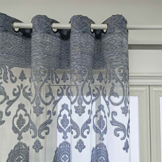 European Jacquard Sheer Curtains Grey Tulle Grommet Top Drapes