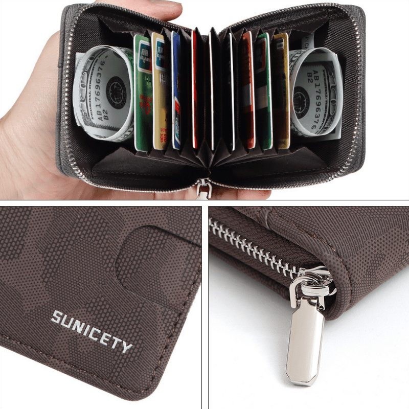 RFID Blocking Zipper Card Holder Short Wallet Leather Large Capacity