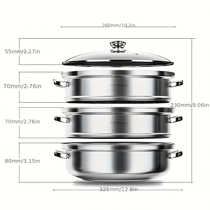 3 Tier Steamer Pot With Lid Stainless Steel 25x23cm Kitchen Utensils