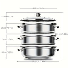 3 Tier Steamer Pot With Lid Stainless Steel 25x23cm Kitchen Utensils