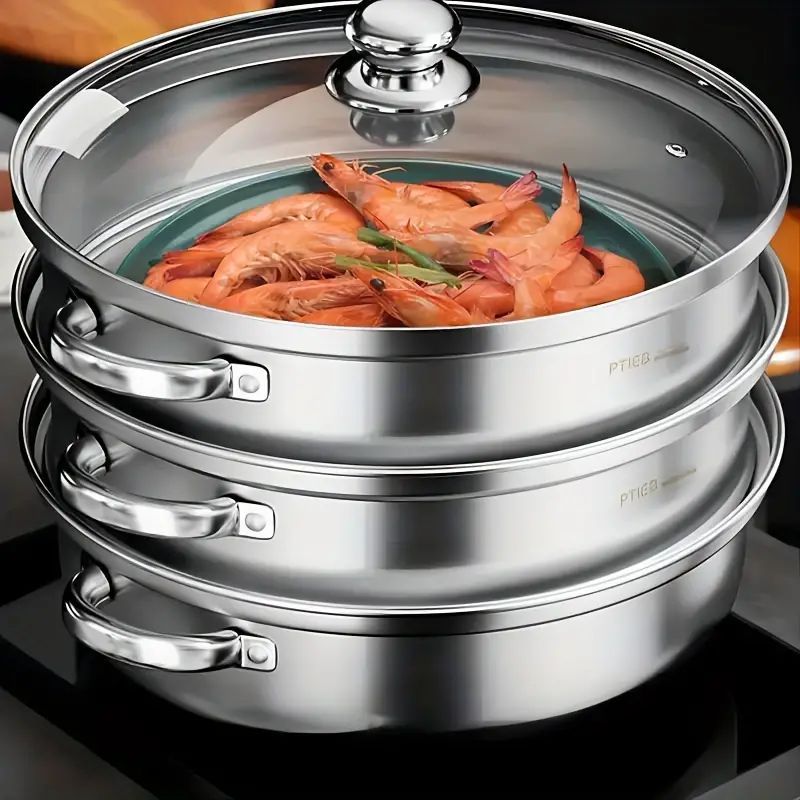 3 Tier Steamer Pot With Lid Stainless Steel 25x23cm Kitchen Utensils